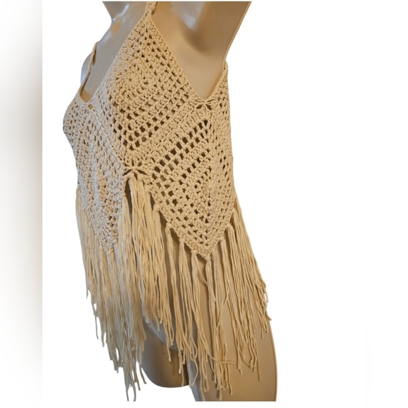 Hand Crafted Granny Square Crochet Top Summer Swimwear Beige Handmade Rhombus - Picture 3 of 17